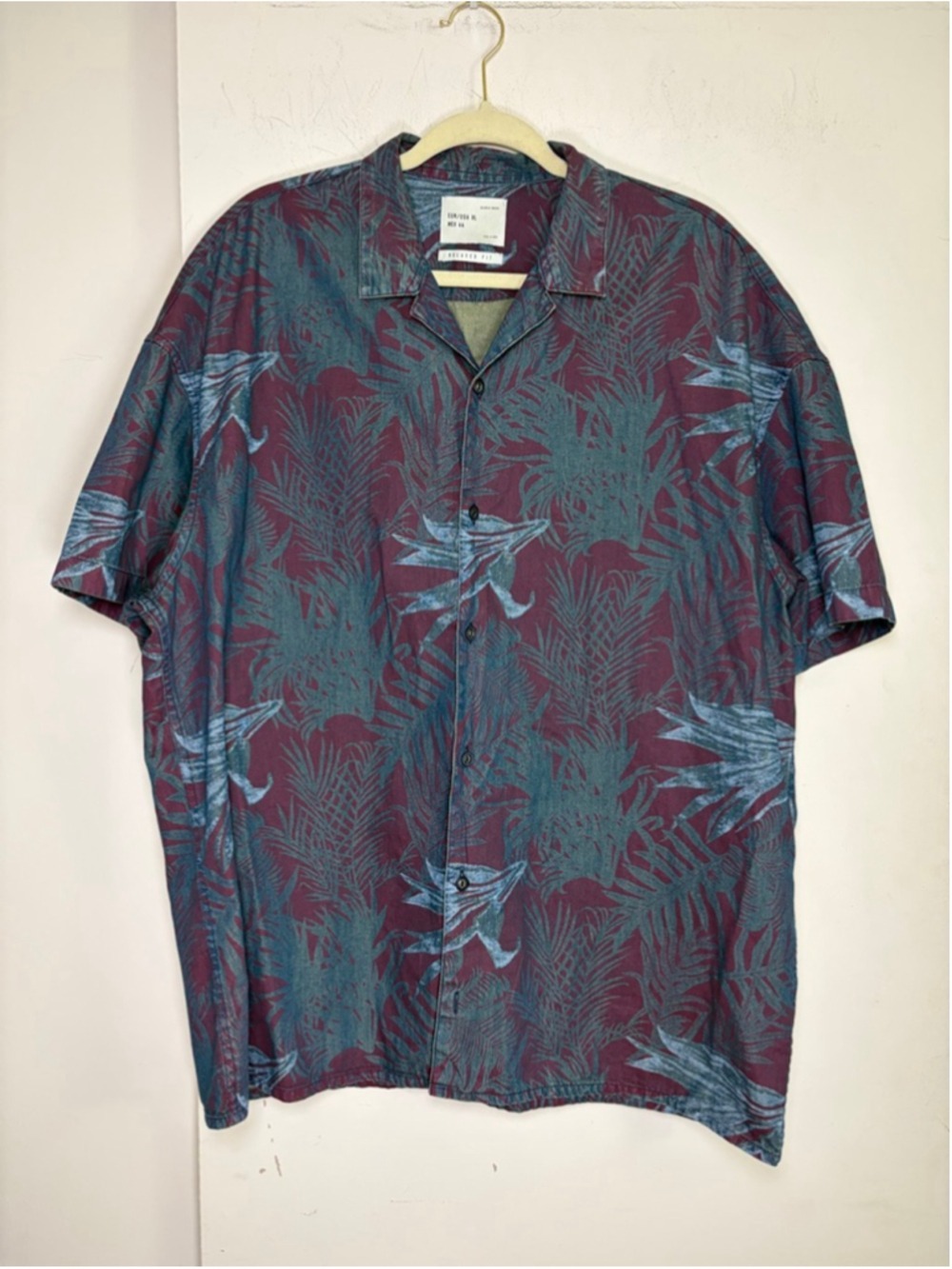 Zara Man Tropical Leaf Relaxed Fit Button Down Shirt Burgundy Teal Blue XL